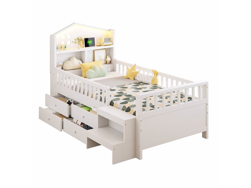  Lit 1 place, 90x200 cm, 4 tiroir, led, recharge, solution de rangement, matelas non inclus, mdf et pin, coloris blanc  - Conforama A
