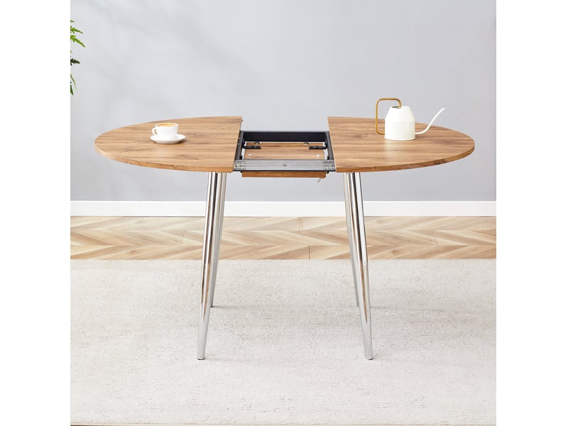  Table de salle à manger ronde extensible, table moderne, 107-137 cm, design gain de place, mdf et métal, couleur bois  - Conforama W