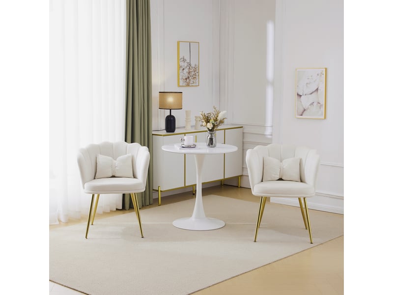  Fauteuil de salon lot de 2 avec dossier pétale, coussins et pieds métalliques dorés en velours beige  - Conforama D