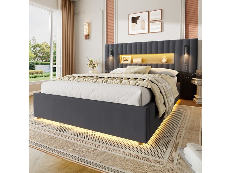  Lit coffre hydraulique 140×200 cm avec liseuses et recharge usb en velours gris foncé  - Conforama D