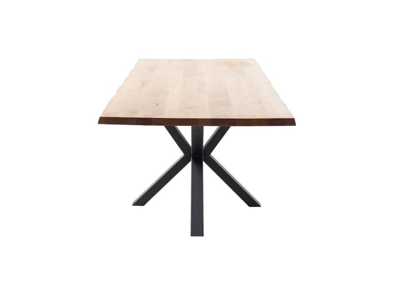  Table à manger avec bord irrégulier coloris chêne massif naturel et pieds en métal forme croisée - longueur 180 x profondeur 100 x hauteur 76 cm  - Conforama D