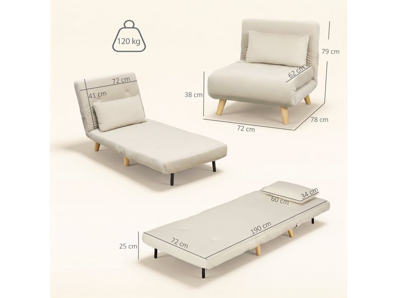  Fauteuil convertible 3 en 1 inclinable tissu effet velours beige  - Conforama C