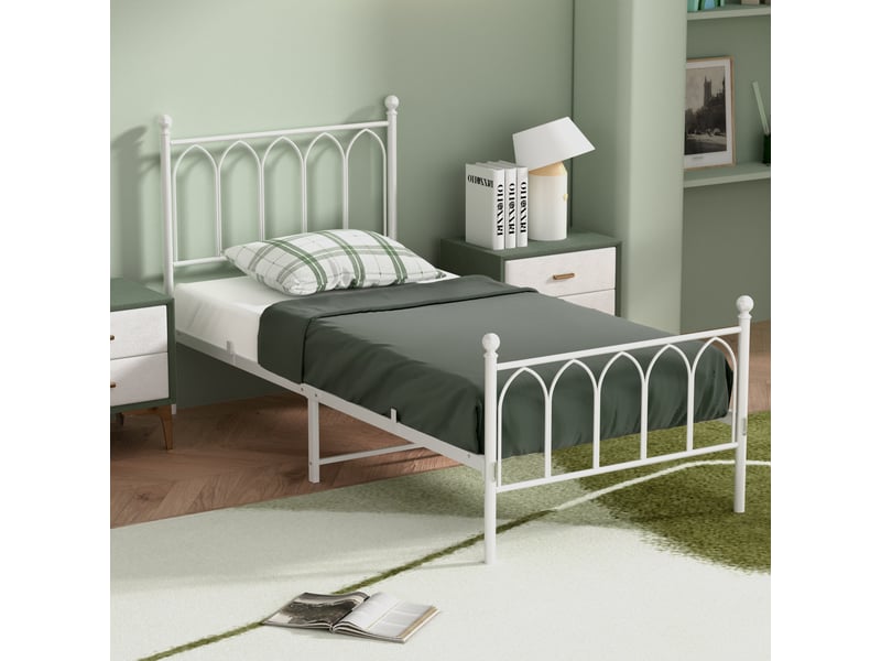  Lit simple 90 × 200 cm 1 place avec rangement sous le lit, sans matelas, en métal, blanc style industriel  - Conforama C