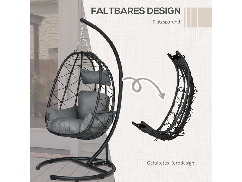 Fauteuil suspendu en rotin avec support, coussins et housse imperméable, noir, 195 cm, 150 kg - Conforama D