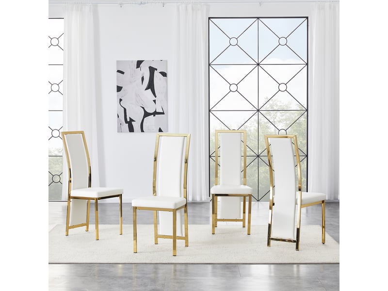  Lot de 4 chaises de salle à manger blanches avec bordure dorée, hauteur de 109 cm, cuir pu et métal  - Conforama R