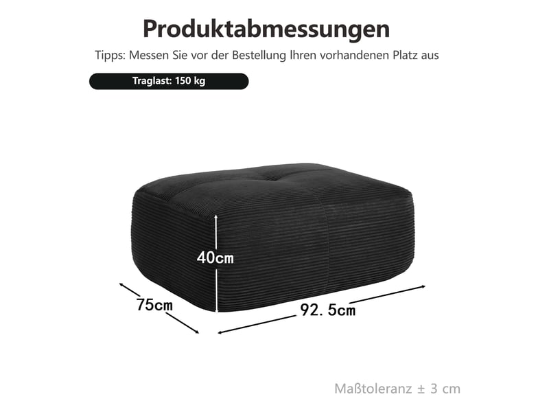  Pouf modulable en velours côtelé noir, 92,5 x 75 x 40 cm, sans armature rigide, garnissage en mousse 32d, sans montage, repose-pieds pour le salon CARDUME ESTIVAL - Conforama C
