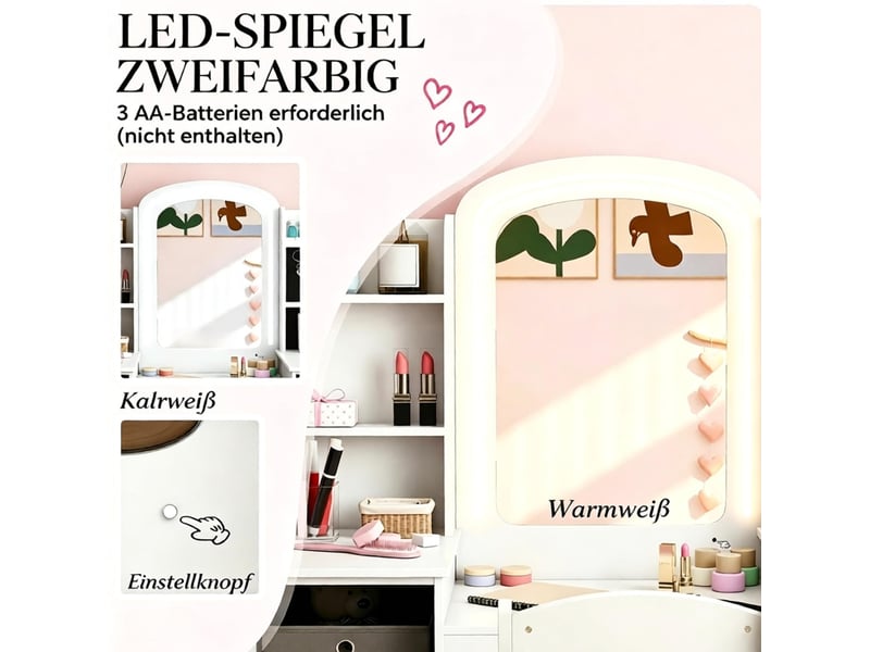 Coiffeuse enfant blanche en mdf avec miroir led et chaise, dès 3 ans, pour jeux créatifs et rangement - Conforama D