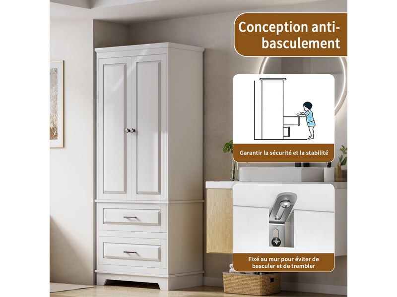  Armoire chambre penderie avec 2 portes 2 tiroirs, armoires de rangement avec  étagère réglable, 60x40x157 cm, blanc  - Conforama R