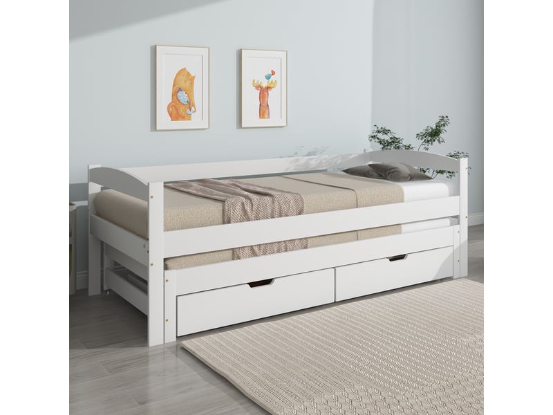 Lit gigogne 90 cmx190200 cm avec 2 tiroirs en mdf, lit simple et double, blanc, cadre de lit en bois massif  - Conforama D