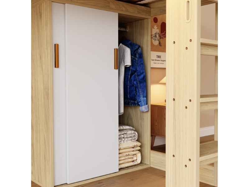  Lit mezzanine 90x200 cm multifonction avec bureau, dressing et rangements, led et prise, sommier à lattes bois naturel  - Conforama E