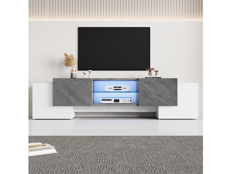  Meuble tv bas 180 x 40 x 46,5 cm avec led bluetooth, 4 portes, blanc et gris  - Conforama E