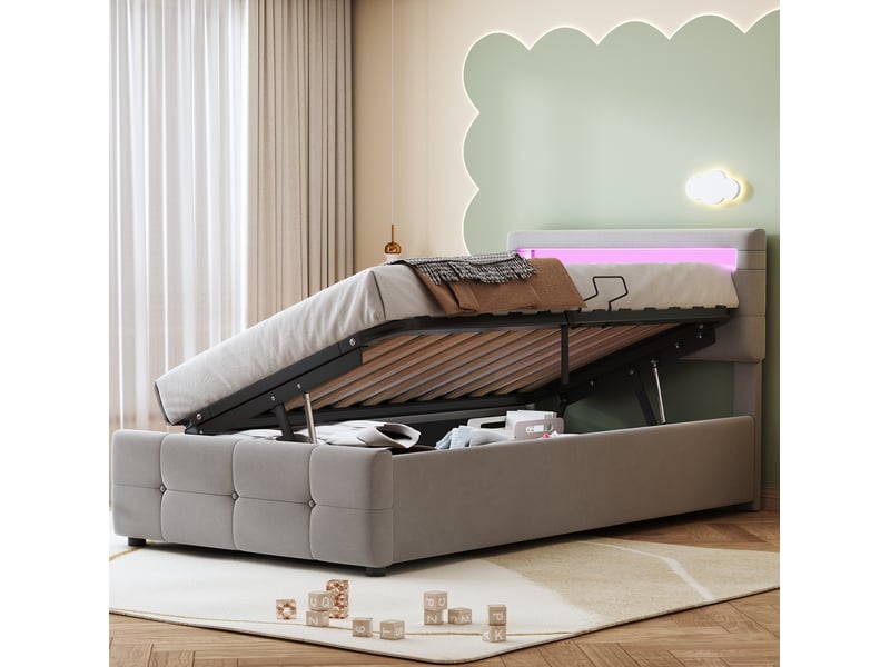  Modenvie lit coffre enfant 90x200 cm - led, rangement hydraulique, sans matelas - gris  - Conforama E