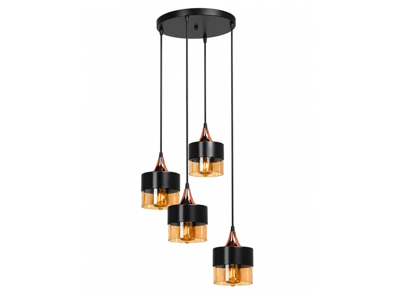  Lustre 4 suspensions en verre ambré métal noir et effet cuivre ortense  - Conforama A