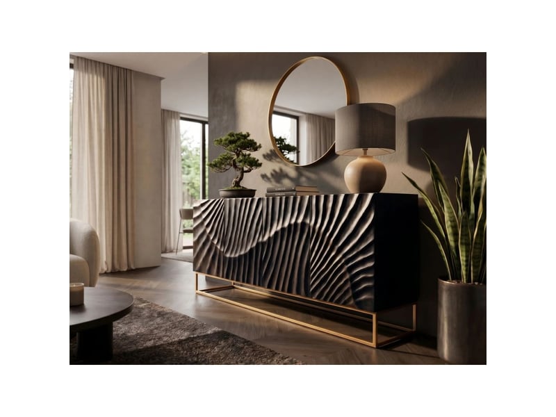 Buffet silva 177 cm en bois massif de manguier noir sculpté – 4 portes et piètement doré - Conforama D