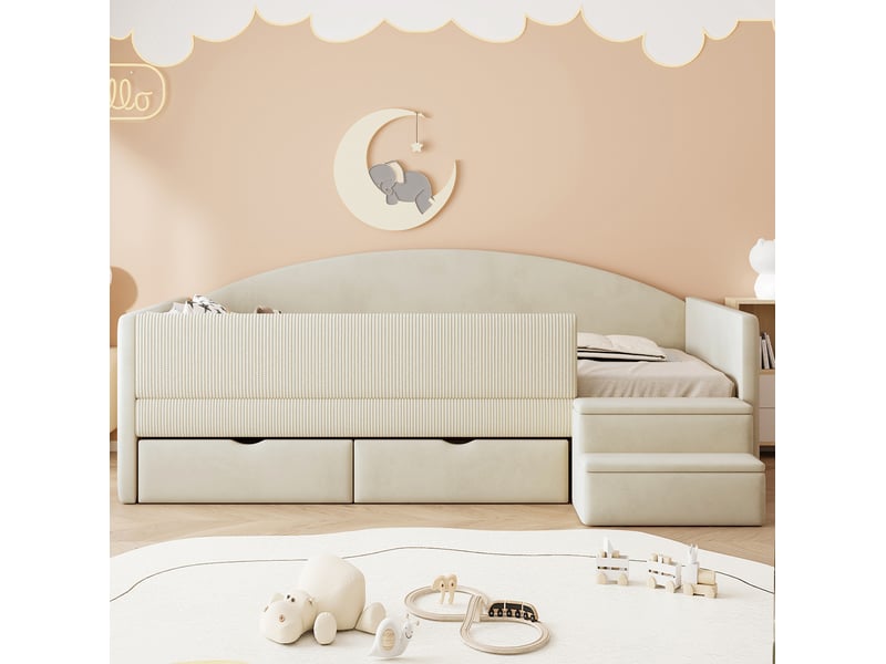  Modenvie lit enfant capitonné 90x190 cm - avec 2 tiroirs, barrières de sécurité, sans matelas - beige  - Conforama D