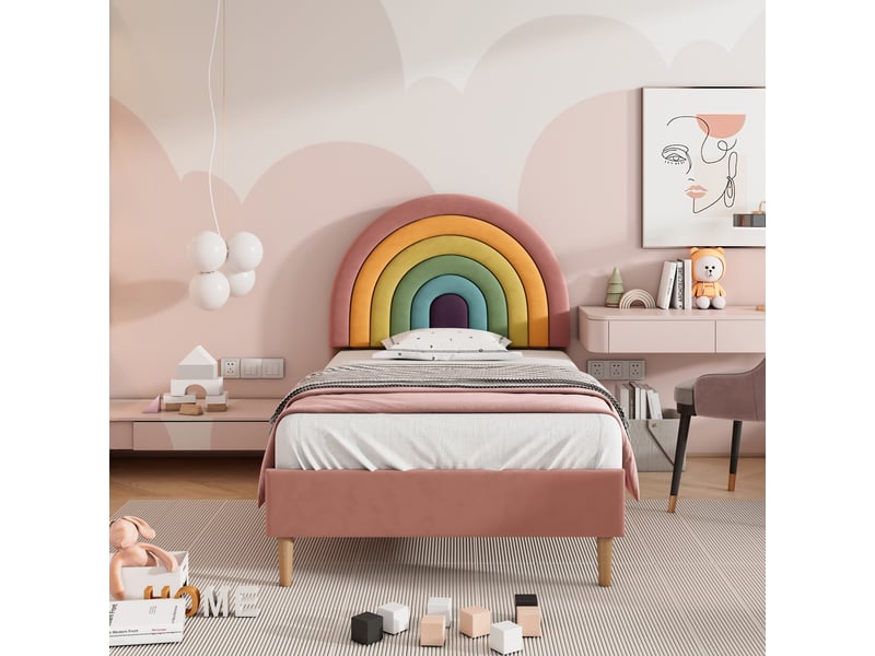  Lit enfant rembourré 90x200 cm avec tête de lit réglable et sommier à lattes, structure bois et velours, rose  - Conforama D