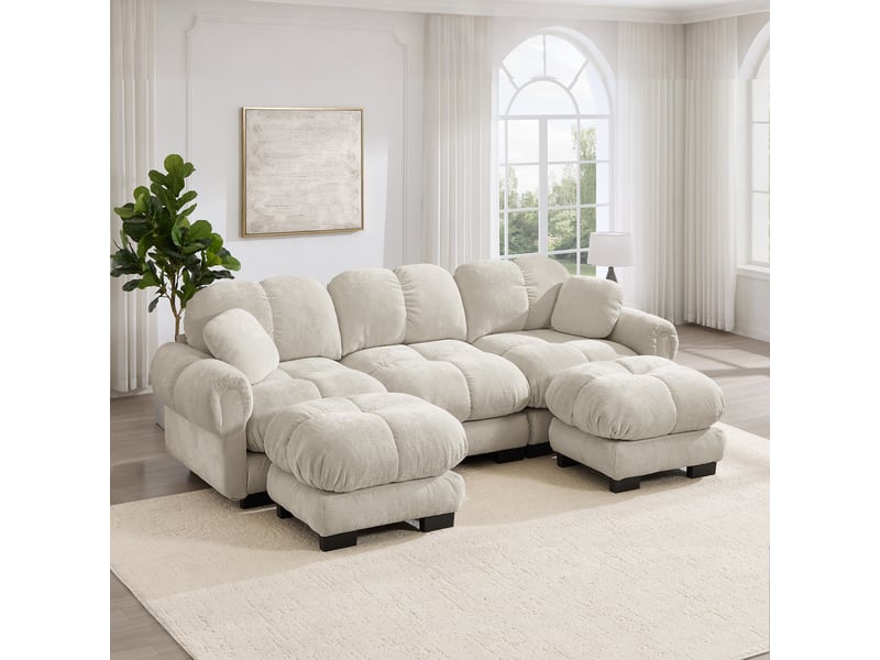  Canapé d'angle, canapé 3 places, avec pouf, style cloud, pour salon, mobilier pour espace de vie, kaki clair  - Conforama C