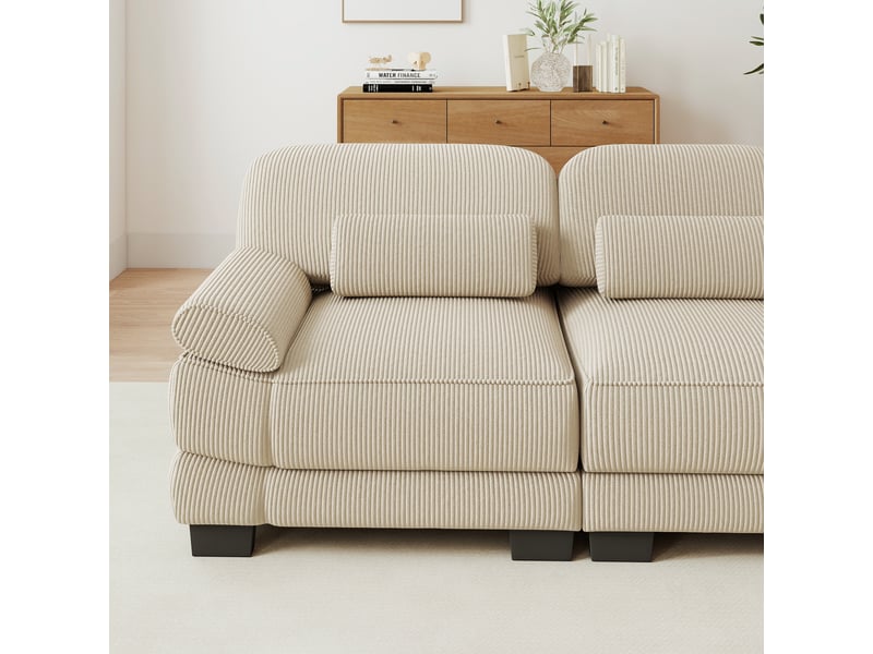  Canapé modulable 4 places en u beige avec deux poufs, canapé en velours côtelé à assise profonde pour salon  - Conforama D