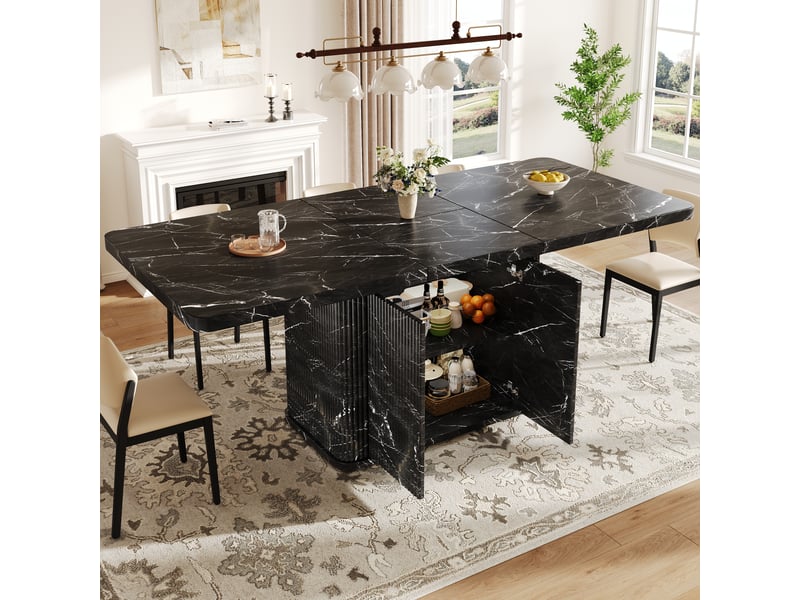  Table de salle à manger extensible 140-180x80x76,5 cm avec rangement dissimulé, plateau extensible, rayures verticales en relief, aspect bois - noir  - Conforama E