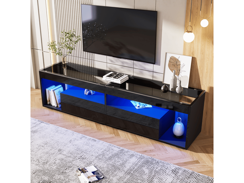  Meuble tv led noir brillant 180 cm pour tv jusqu'à 70 pouces avec 2 tiroirs et plateau en verre trempé  - Conforama B