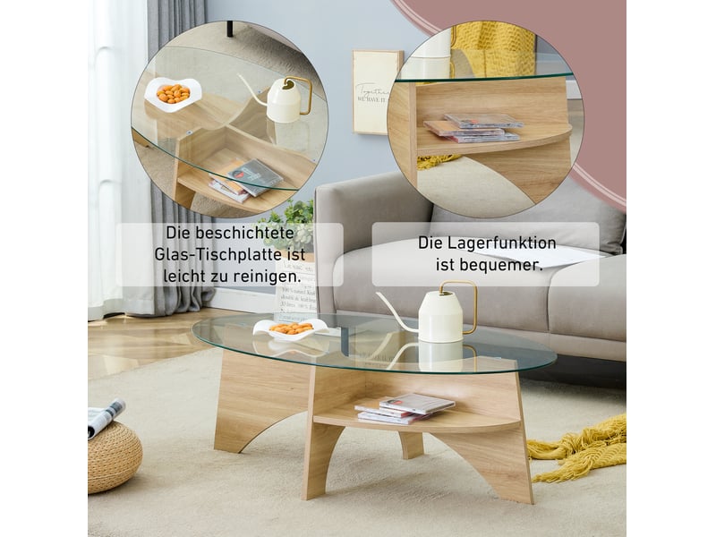  Table basse ovale en verre de sécurité – mdf aspect bois clair – 104,9 x 60 x 35,6 cm  - Conforama D