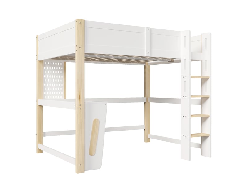  Lit mezzanine, 140 x 200 cm, en pin, avec table, panneau perforé et éclairage led, sans matelas, coloris naturel et blanc.  - Conforama E