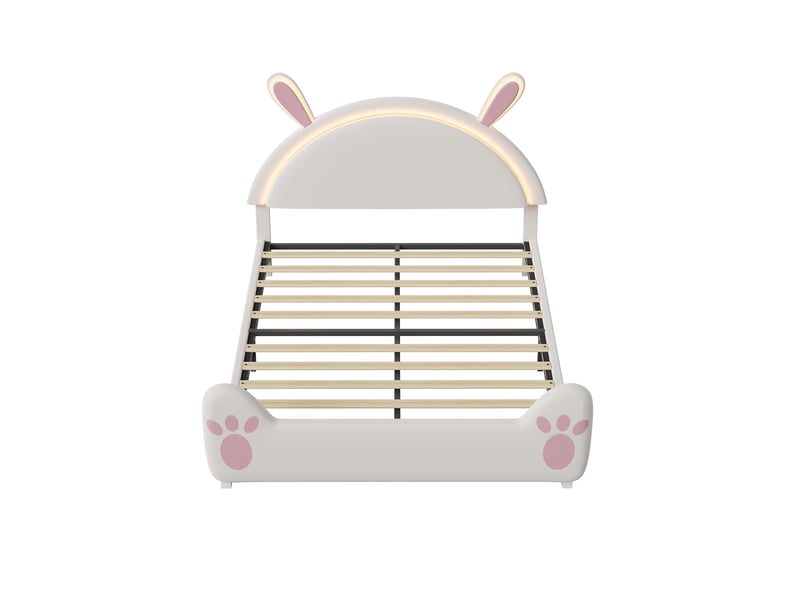 Lit double 140x200 cm avec tête de lit en forme de lapin, lit 2 placeavec led, lit fille avec sommier à lattes, lit rembourré pour filles garçons, velours, blanc + rose - Conforama W