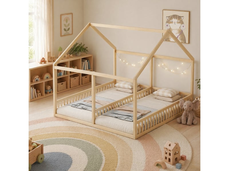  Modenvie lit cabane double 2 x 90x200 cm - avec barrières et structure en pin - pour chambre d'enfant - naturel  - Conforama B