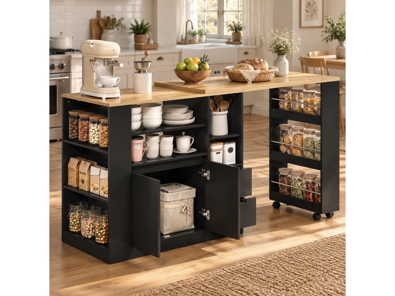 Îlot de cuisine 115 cm avec plateau rotatif extensible, 2 tiroirs, noir naturel  - Conforama B