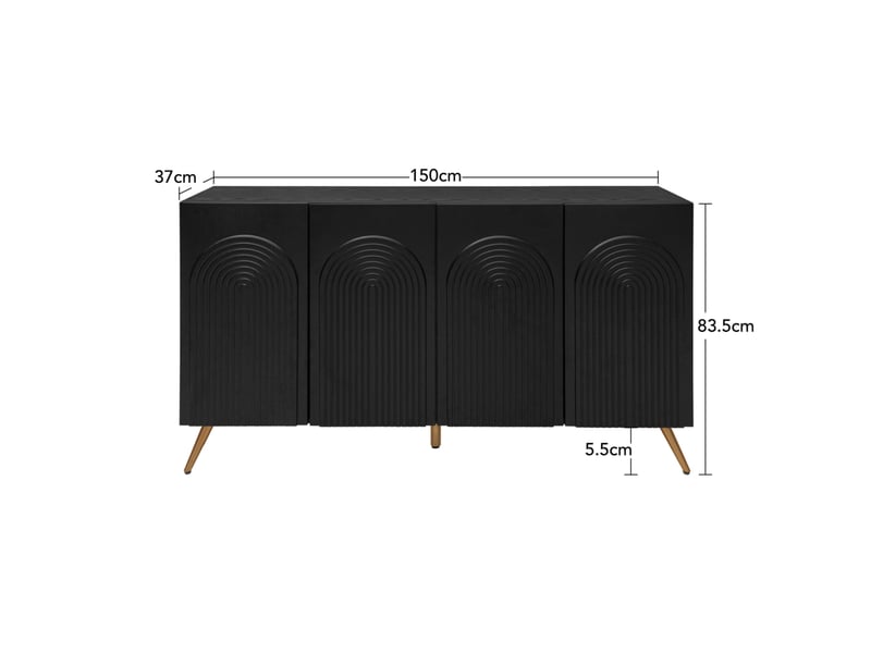  Buffet bas 4 portes 150x37x83,5 cm, rainures 3d, tablettes réglables, pieds dorés, panneaux de particules, noir  - Conforama C