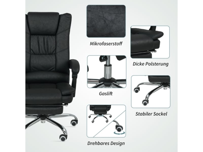 Chaise de bureau massante avec repose-pieds, réglable en hauteur, noire, 64x70x118 cm - Conforama D