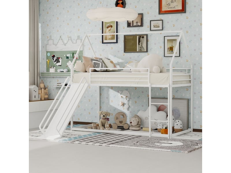  Lit combiné enfant 90x190cm - superposé cabane avec toboggan et échelle en métal, gain de place et design ludique blanc  - Conforama A