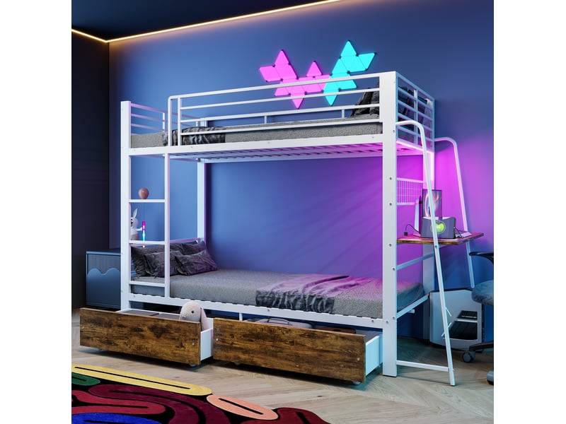  Lit superposé 90x200 cm avec bureau, éclairage led et tiroir de rangement en mdf et métal blanc sans matelas  - Conforama B
