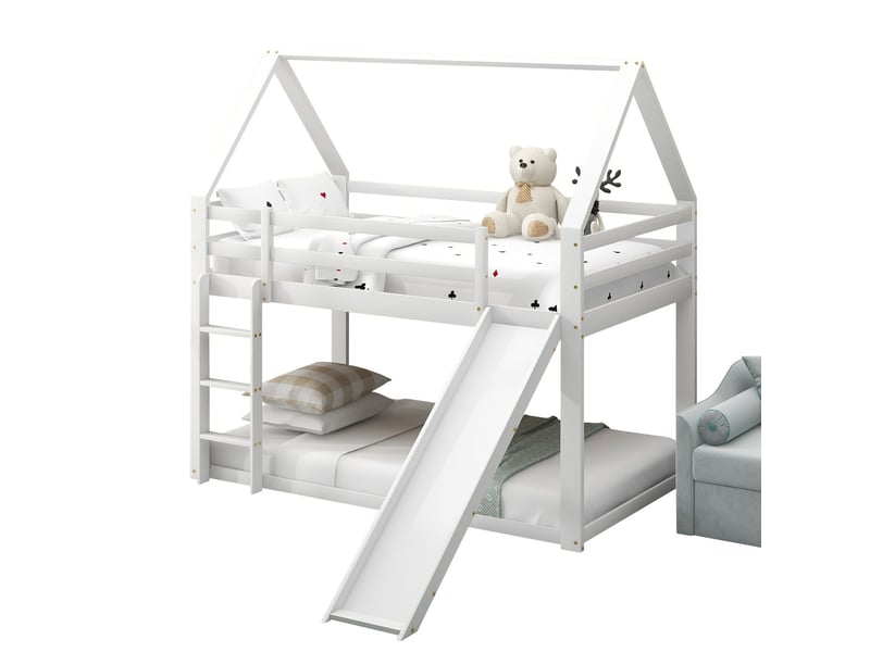  Lit superposé 90x200cm - avec toboggan - lit superposé enfant - forme cabane, blanc, pin massif, échelle interchangeable  - Conforama D