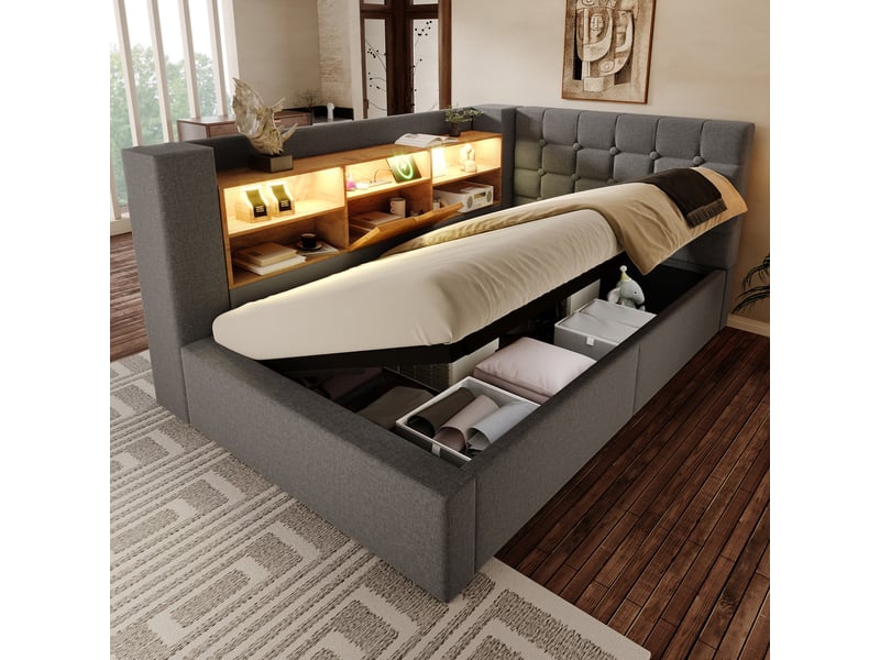 Lit banquette coffre 90 x 190 cm, coffre à relevage hydraulique, éclairage led, étagères de rangement, dossier réversible, tissu effet lin, gris ABC - Conforama E