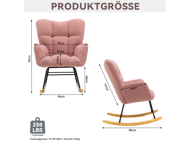  Fauteuil à bascule style vintage, structure en bois, rose, revêtement teddy et mousse, relaxe à oreilles  - Conforama C