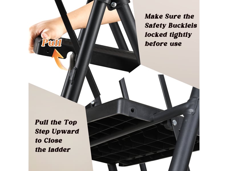  Escabeau 4 marches acier pliant avec rampe et plateau porte-outils amovible, charge 150 kg, noir  - Conforama E