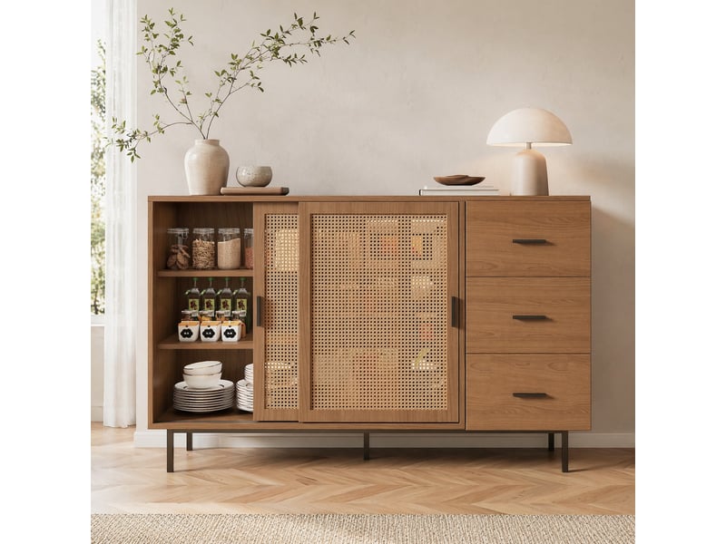  Buffet avec 2 portes coulissantes, 3 tiroirs et 3 étagères, rangement en panneaux de particules, 140×37×91 cm naturel  - Conforama B