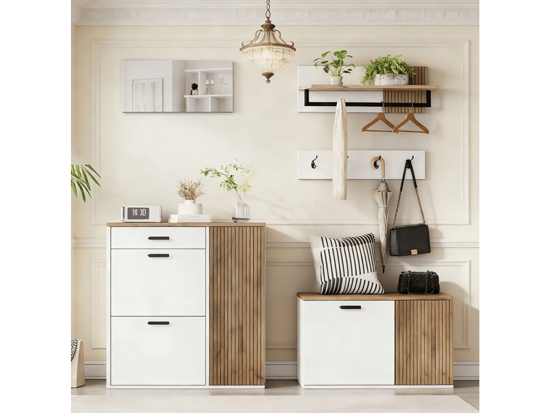  Ensemble d'entrée 5 pièces avec meuble à chaussures, banc et miroir, blanc et effet chêne  - Conforama B