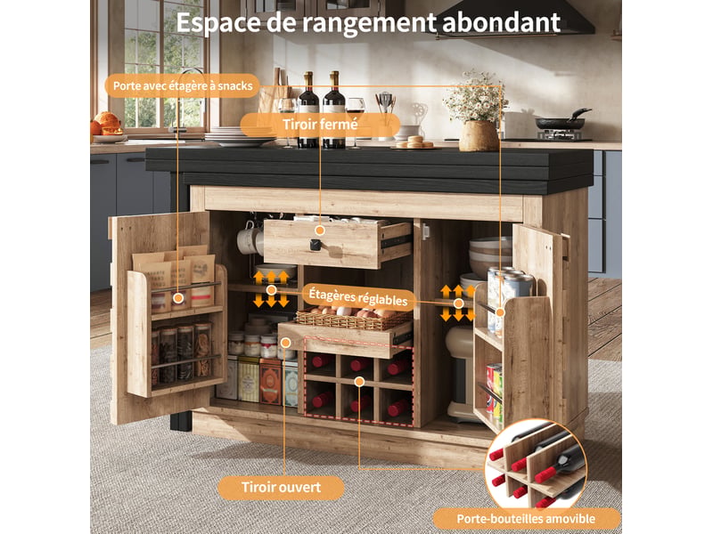  Desserte de cuisine pivotante, 2 portes, tiroir et casier à vin amovible, mdf, bois, 120–197 × 40 × 74,2 cm  - Conforama E