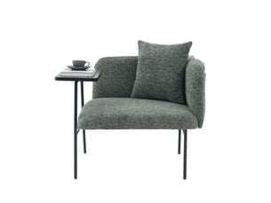 Fauteuil moderne en chenille grise avec 2 rangements et table d’appoint latérale