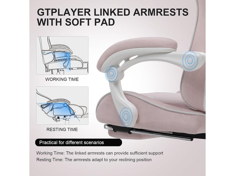 Gtplayer chaise de jeu ergonomique avec repose-pieds, réglable en hauteur - tissu rose GT800A-PK-FA - Conforama E