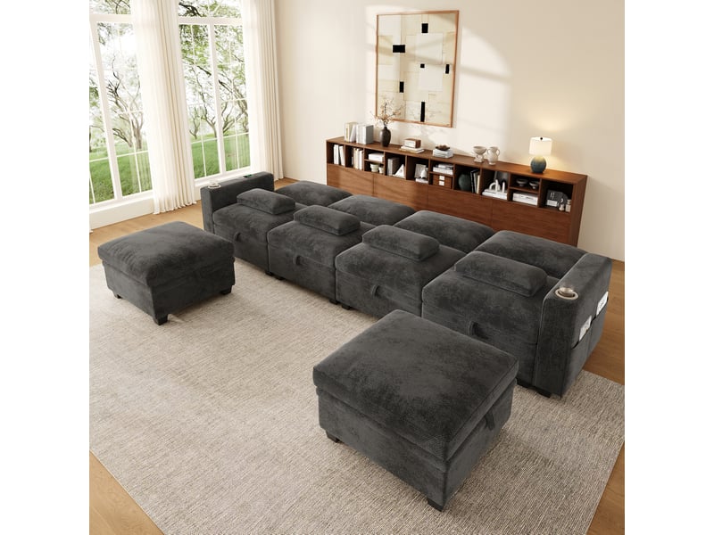 Canapé ul convertible gris 6 places 278 × 148,5 × 88 cm, rangement et usb-c Fay Lum - Conforama E