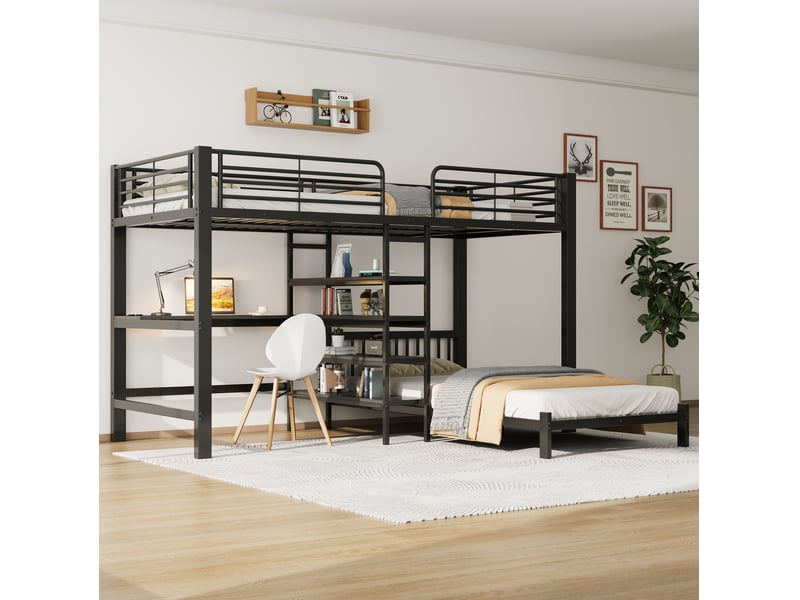  Lit superposé tcqpz 2 couchages 90 x 200 cm bureau prises usb type-c métal mdf noir  - Conforama E