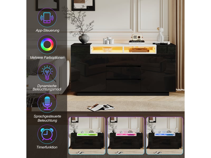 Buffet 140 x 40 x 68 cm, 2 portes en l, 3 tiroirs, étagères réglables, éclairage led, finition brillante, noir evarich - Conforama D
