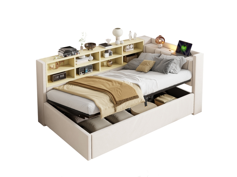  Lit coffre 90 x 200 tête capitonnée éclairage intégré usb-c rangement moderne côtés velours beige sans matelas  - Conforama A