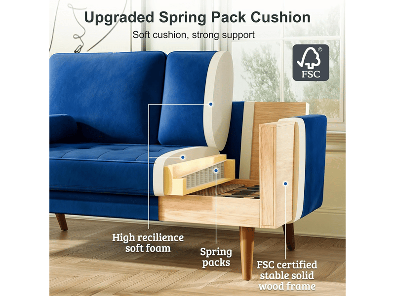 Canapé droit 2 places en velours moderne,canapé à bras roulés,loveseat avec accoudoirs,148l x 78l x 85h cm,bleu - Conforama W