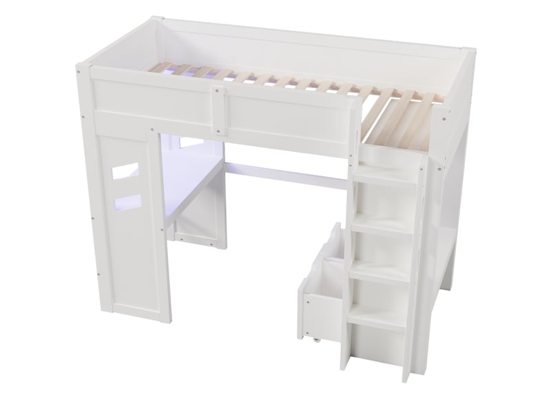  Lit mezzanine gaming blanc 90 × 200 cm, bureau, led, usb, type-c, tiroirs et penderie  - Conforama E