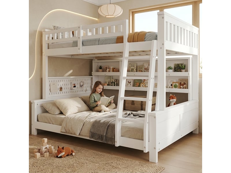  Lit superposé familial en bois blanc 120x200140x200 cm, séparable en 2 lits simples avec échelle, double étagère et panneau perforé Morn Vibe - Conforama C