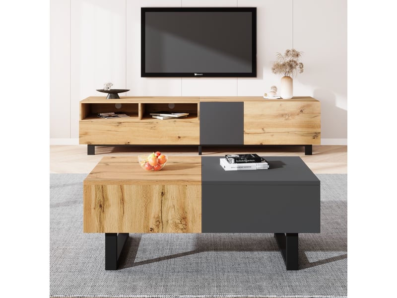  Table basse coulissante avec rangement caché, bois et métal, 100x55x40 cm, extensible 155 cm  - Conforama C